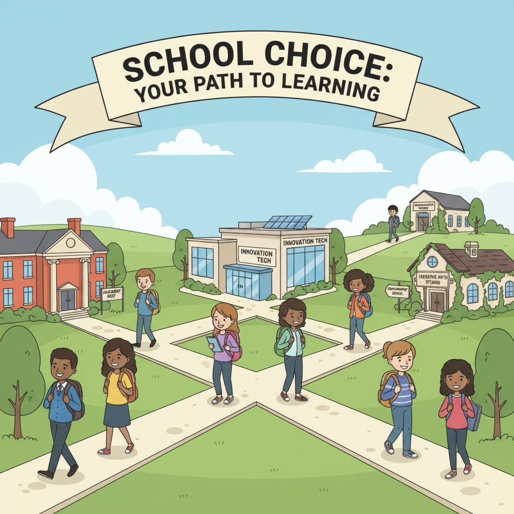 A visual representation of students walking towards different schools, symbolizing the concept of school choice where students have the option to select their educational institutions. School choice concept with students walking towards different schools