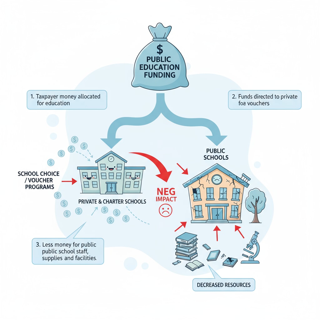 A graphical illustration showing how funding is diverted from public schools due to school choice programs, highlighting the negative impact on public education resources. Graph depicting the decline in funding for public schools because of school choice