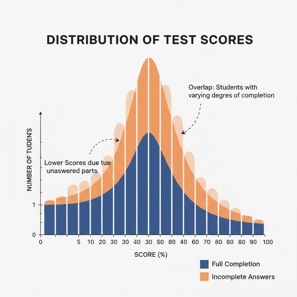 A graph presenting the distribution of scores from tests where some students completed them fully and others left parts unanswered. This visual helps in understanding how incomplete scores are spread across the data set. Graph showing the distribution of incomplete and complete test scores related to data sets, test scores, and distribution representativeness