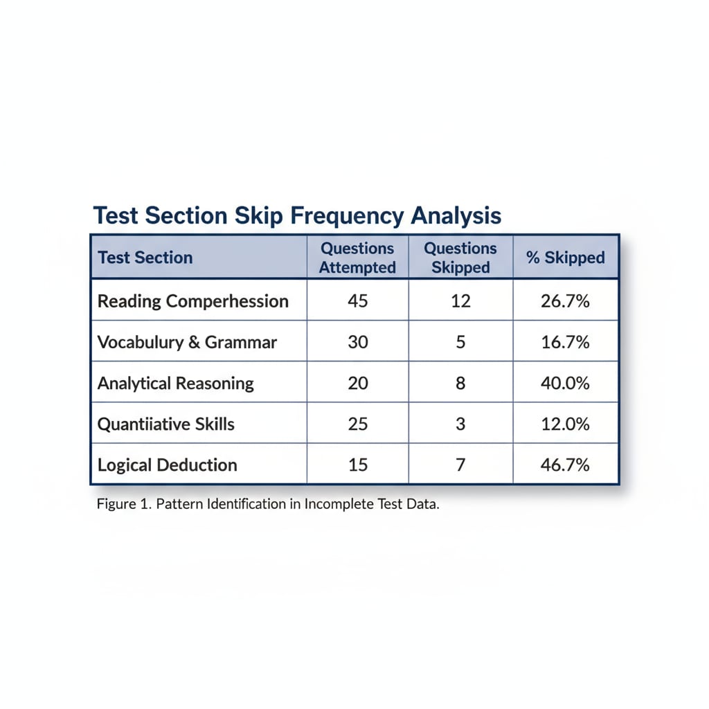 A table listing different sections of a test and the number of times questions in those sections were skipped. It aids in identifying patterns in incomplete test data. Table showing the frequency of skipped questions in different test sections relevant to data sets, test scores, and distribution representativeness