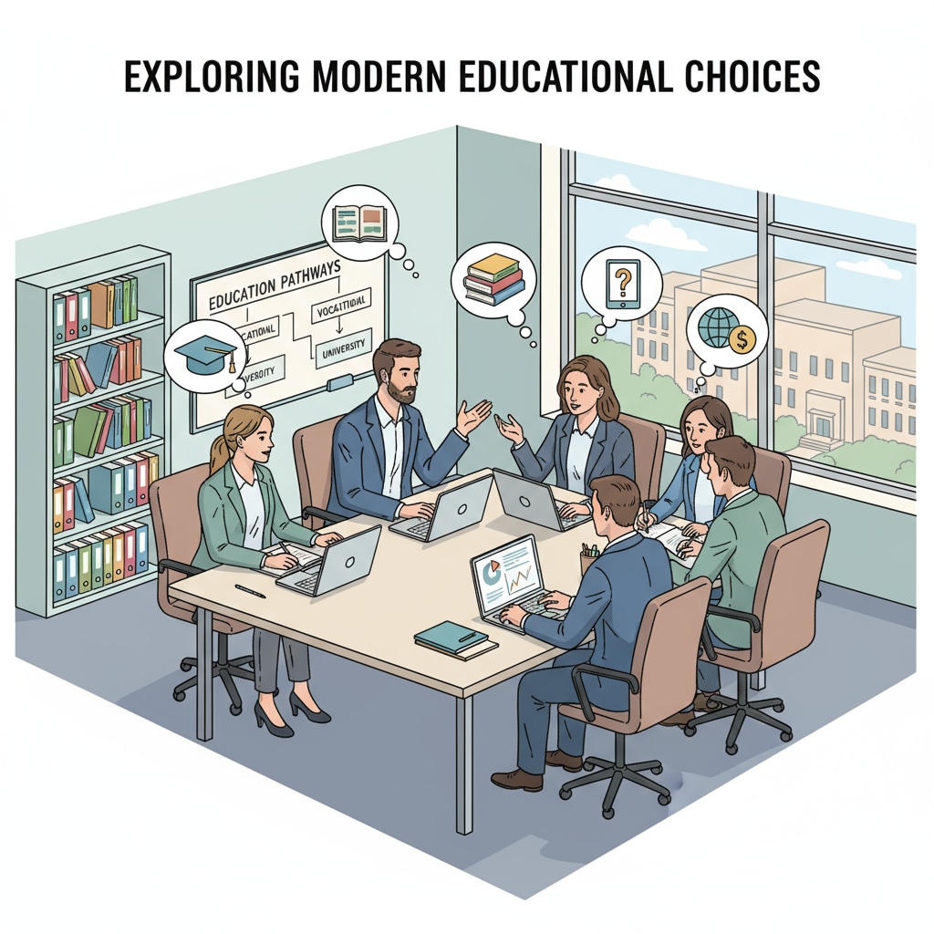 A group of professionals are sitting around a conference table, looking at laptops and discussing education options. Some are taking notes. Working professionals discussing continuing education options for degree upgrading and career development.