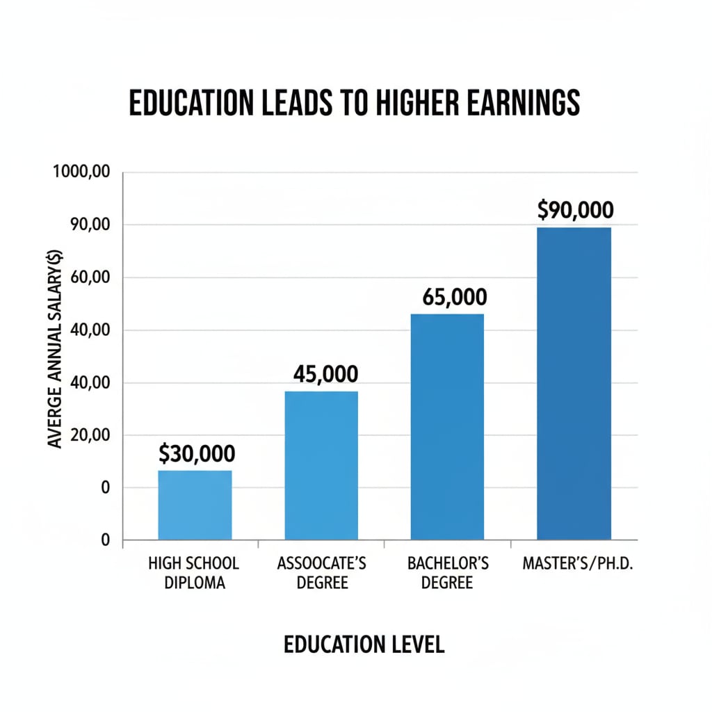 A bar graph with education levels on the x-axis and average salary on the y-axis, showing an upward trend. Graph depicting the connection between education level and average salary relevant to career development and degree upgrading.