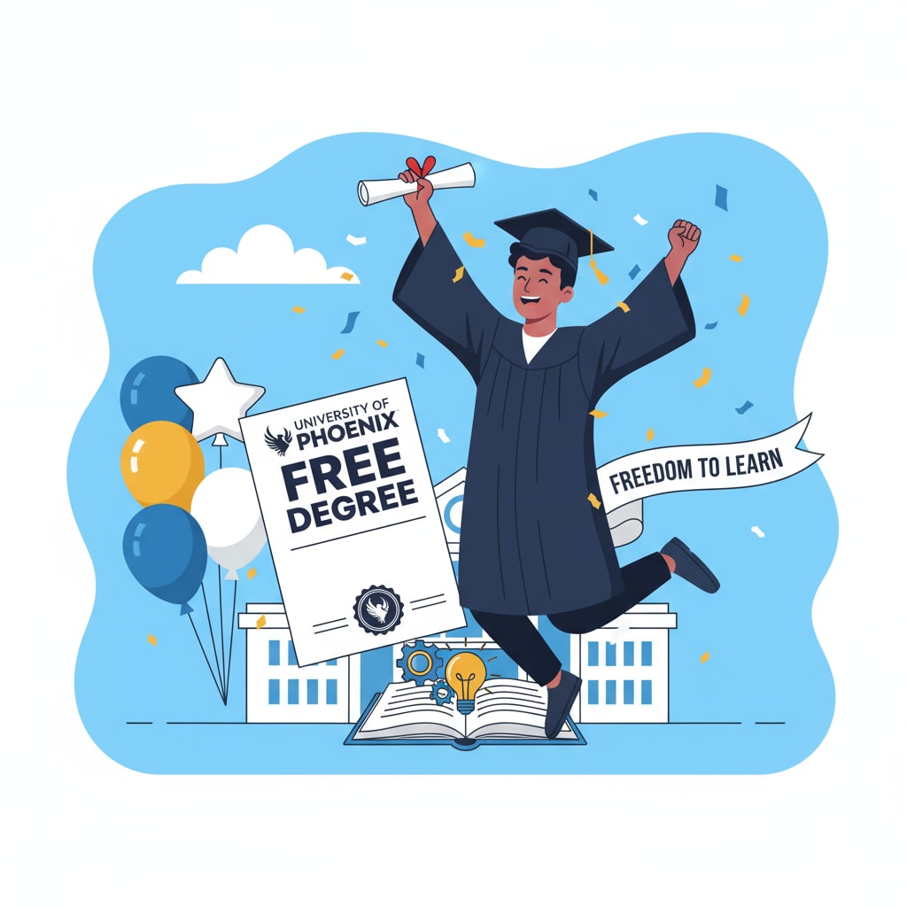 A student is shown celebrating with a diploma in hand, indicating that they have successfully received a free degree from the University of Phoenix. There are balloons and a smile on the student's face, suggesting a sense of accomplishment. Student celebrating receiving a free degree from the University of Phoenix for career development