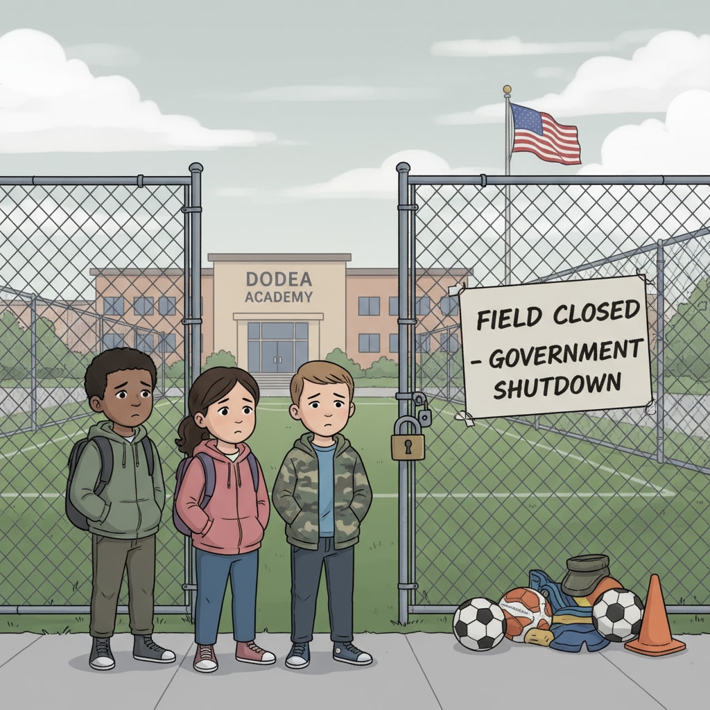 A group of military children looking disappointed as they stand near a closed sports field at a DODEA school during the government shutdown Military children disappointed due to sports field closure during government shutdown in DODEA school