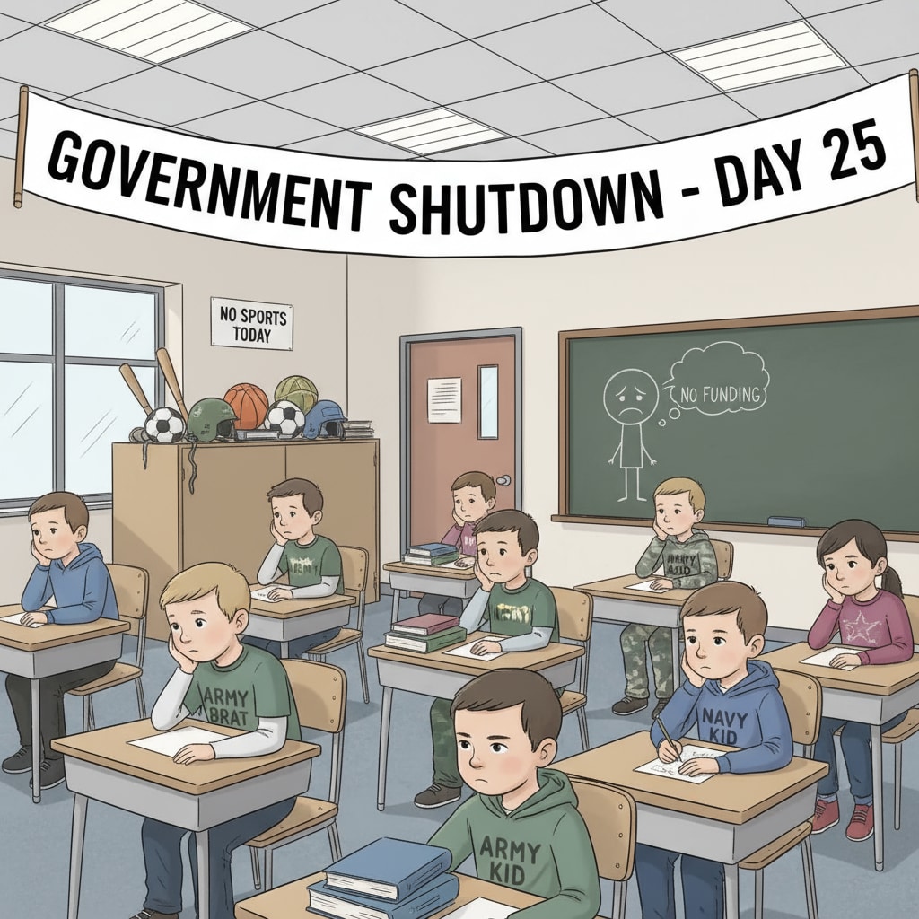 Military children sitting in a classroom looking bored during the government shutdown with sports equipment visible but unused in the corner Bored military children in classroom during government shutdown with unused sports equipment