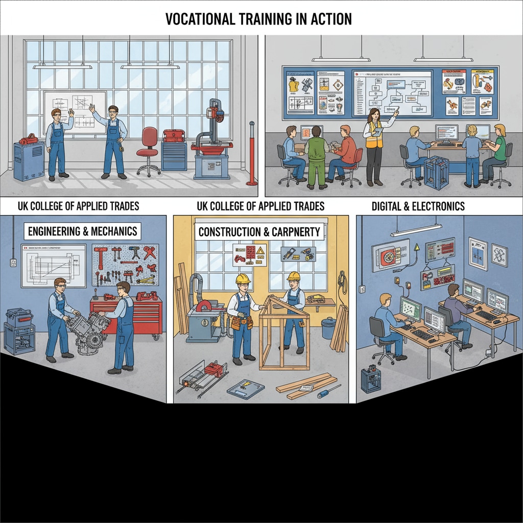 A vocational training workshop in a UK educational institution, students are working on practical projects Vocational training for UK dropouts as part of making up educational gap and preparing for future