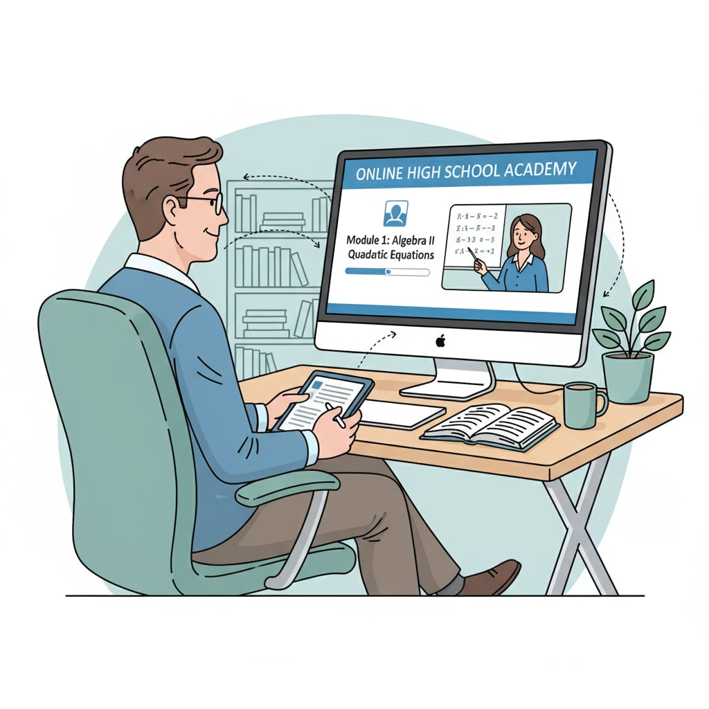 An adult is sitting in front of a computer, looking focused while taking an online high school course. An adult taking an affordable online high school course
