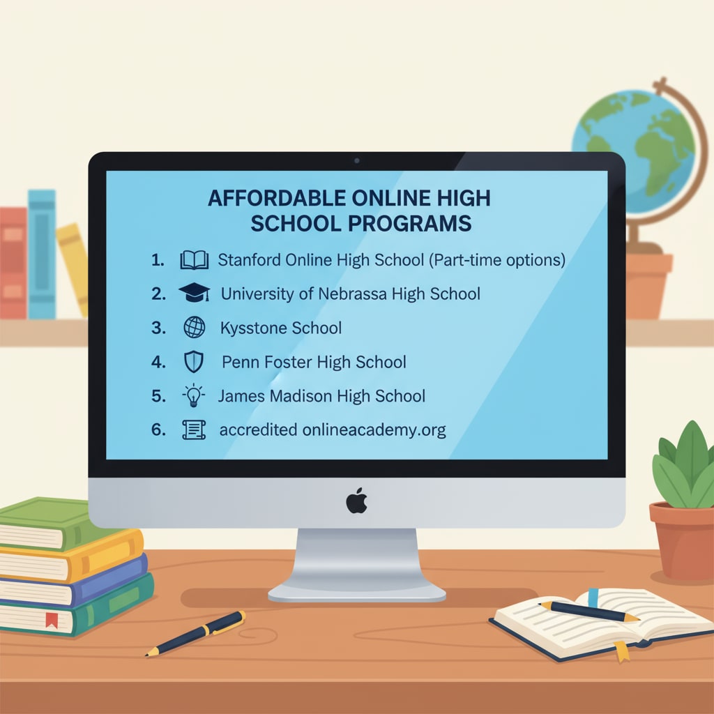 A list of affordable online high school programs is displayed on a computer screen. List of affordable online high school programs for high school dropouts with low income