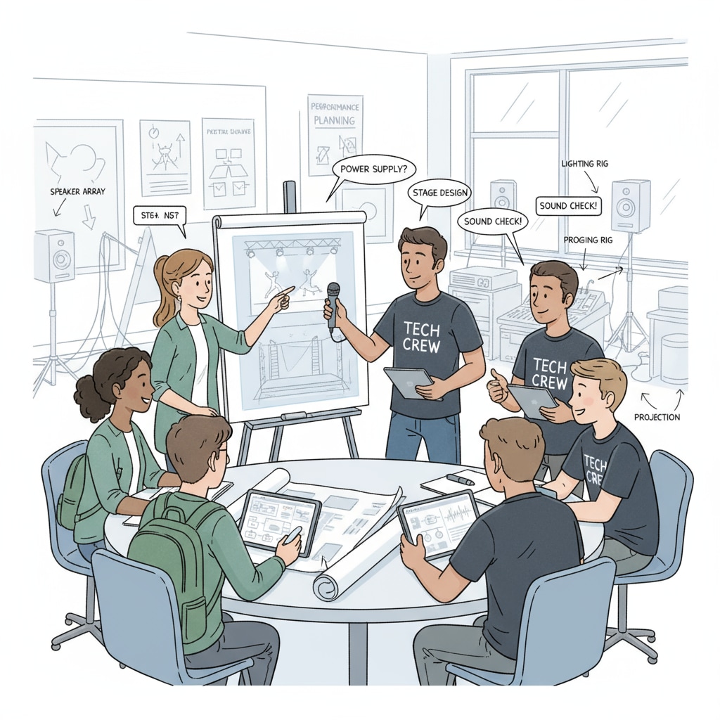 A group of students and tech team members are engaged in a discussion about setting up an art performance. They are looking at plans and discussing technical details. Students and tech team discussing art performance setup in K12 education