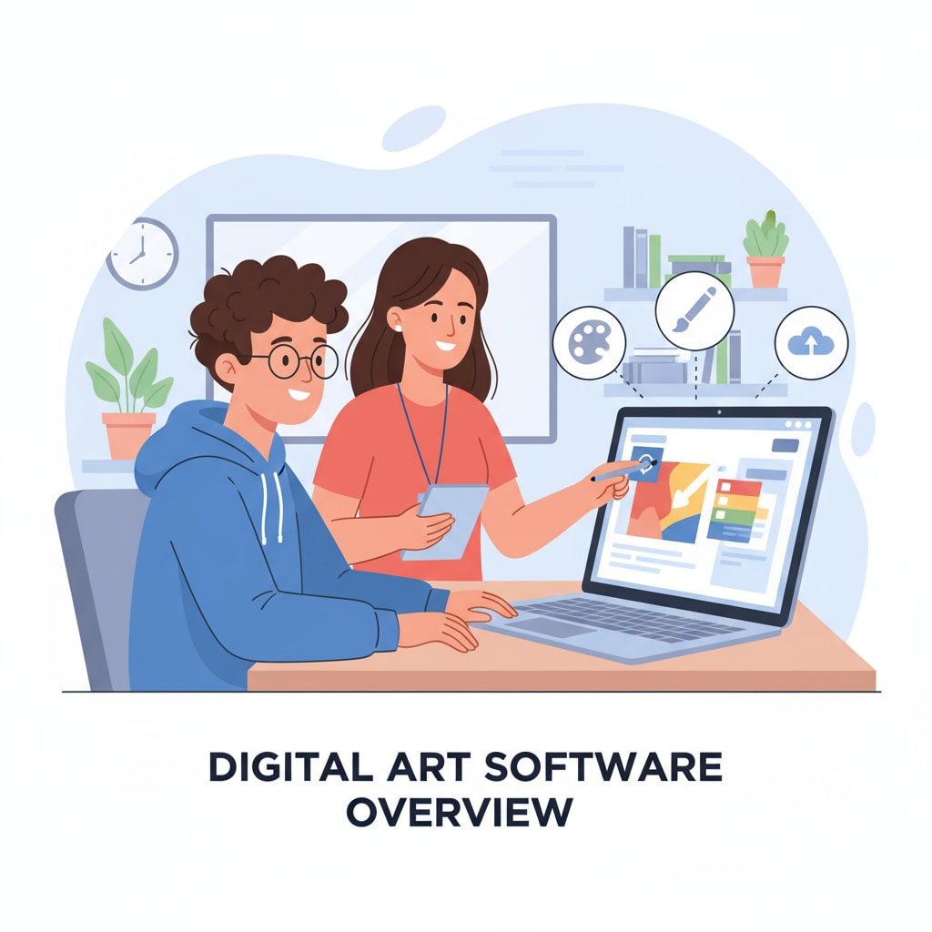 A student is sitting in front of a computer, using digital art software with the help of a tech team member. The tech member is pointing at the screen, explaining features. Student using digital art software with tech team support in K12 arts education