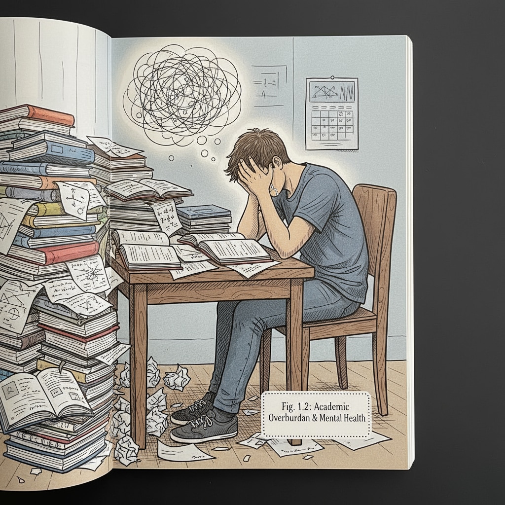 A sad-looking teenager is sitting at a desk, surrounded by books and papers. The teen appears overwhelmed with the academic tasks in the context of depression. A depressed teenager facing academic difficulties at a desk