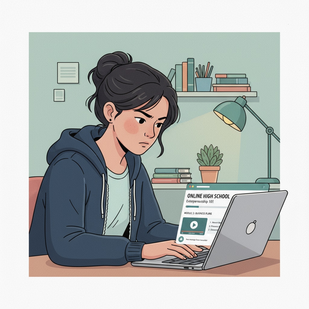 A young entrepreneur is concentrating on a laptop screen, where an online high school course interface is visible. Young entrepreneur engaged in online high school education for career security