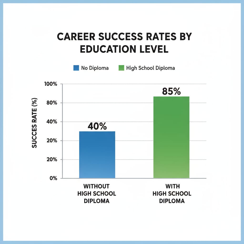 A bar graph comparing the career success rates of individuals with and without a high school diploma. Graph showing the importance of high school diploma for career security