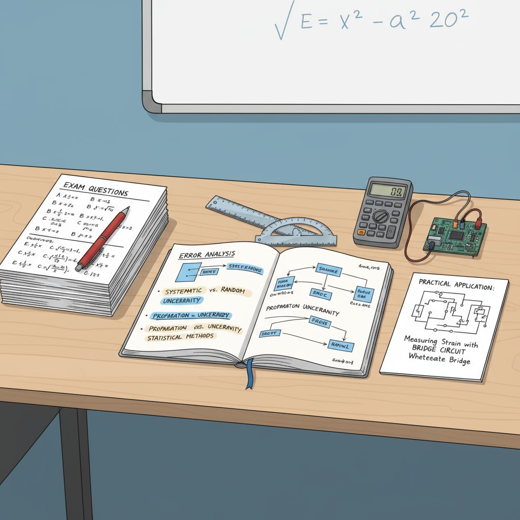 A student is sitting at a desk, using a reverse learning strategy. There are exam questions on one side, notes on error analysis in the middle, and a practical application example on the other side. A student applying reverse learning strategy for theoretical subject study