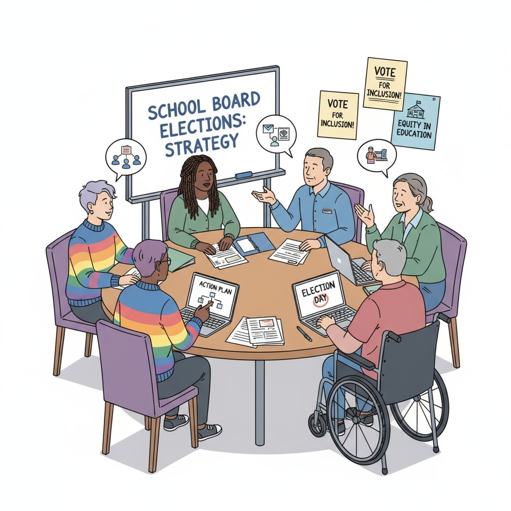 A group of LGBTQ+ community members are sitting around a table, discussing strategies for school board elections. There are papers and posters related to the elections on the table. LGBTQ+ community members discussing strategies for school board elections to counter far - right influence