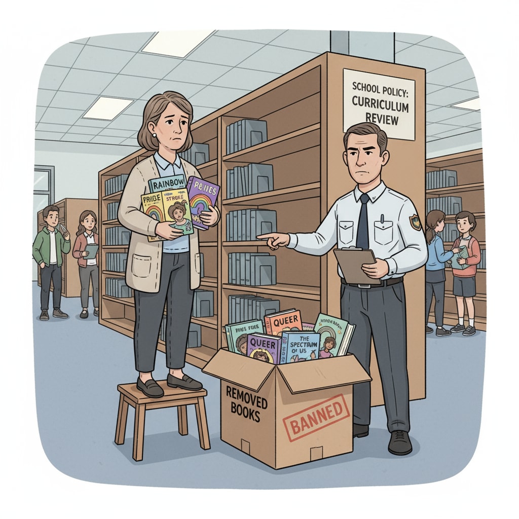 A librarian is removing books from the school library shelves as part of a far - right - inspired book - banning policy. The books have covers with LGBTQ+ themes. A librarian removing books with LGBTQ+ themes from the school library as a result of far - right policies