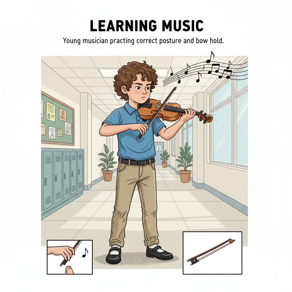 A student is playing the violin in a corridor, with a focused expression on their face. A student playing the violin in a corridor, where the violin sounds might be mistaken for crying.