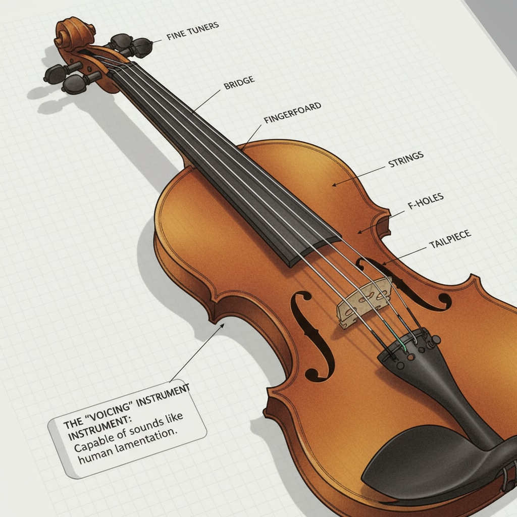 A close-up of a violin showing its strings, highlighting the instrument that can produce sounds similar to crying. A close-up of a violin's strings, related to the violin sounds that can cause misunderstandings.