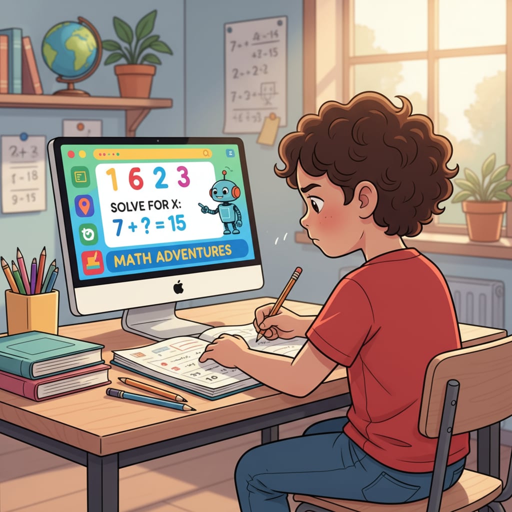 A child sitting at a desk, concentrating on math problems with a learning program on the computer screen. A child using a math learning program to overcome difficulties.