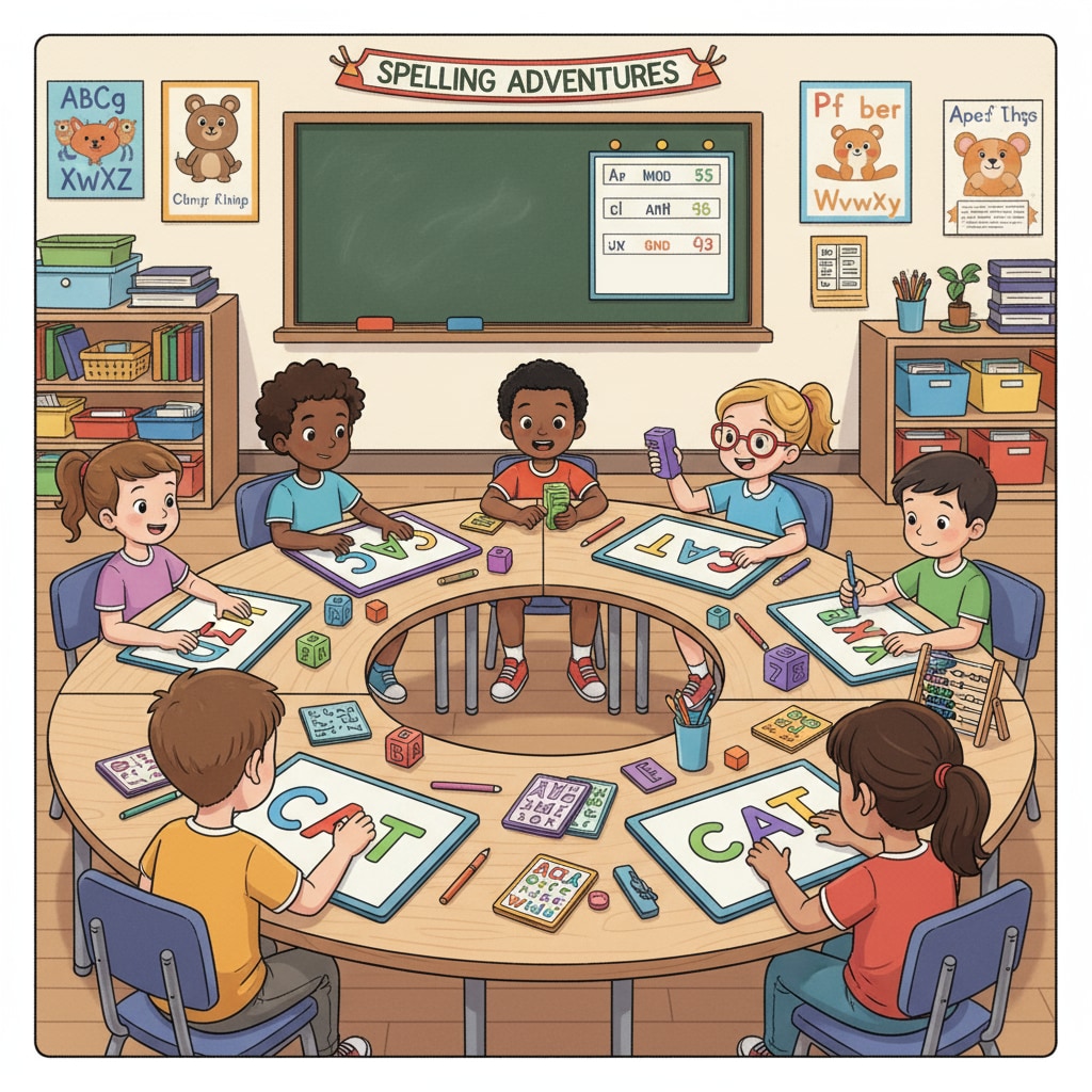 A group of ADHD children are using colorful magnetic letters and other tools to learn spelling. ADHD children using multi-sensory tools for spelling learning