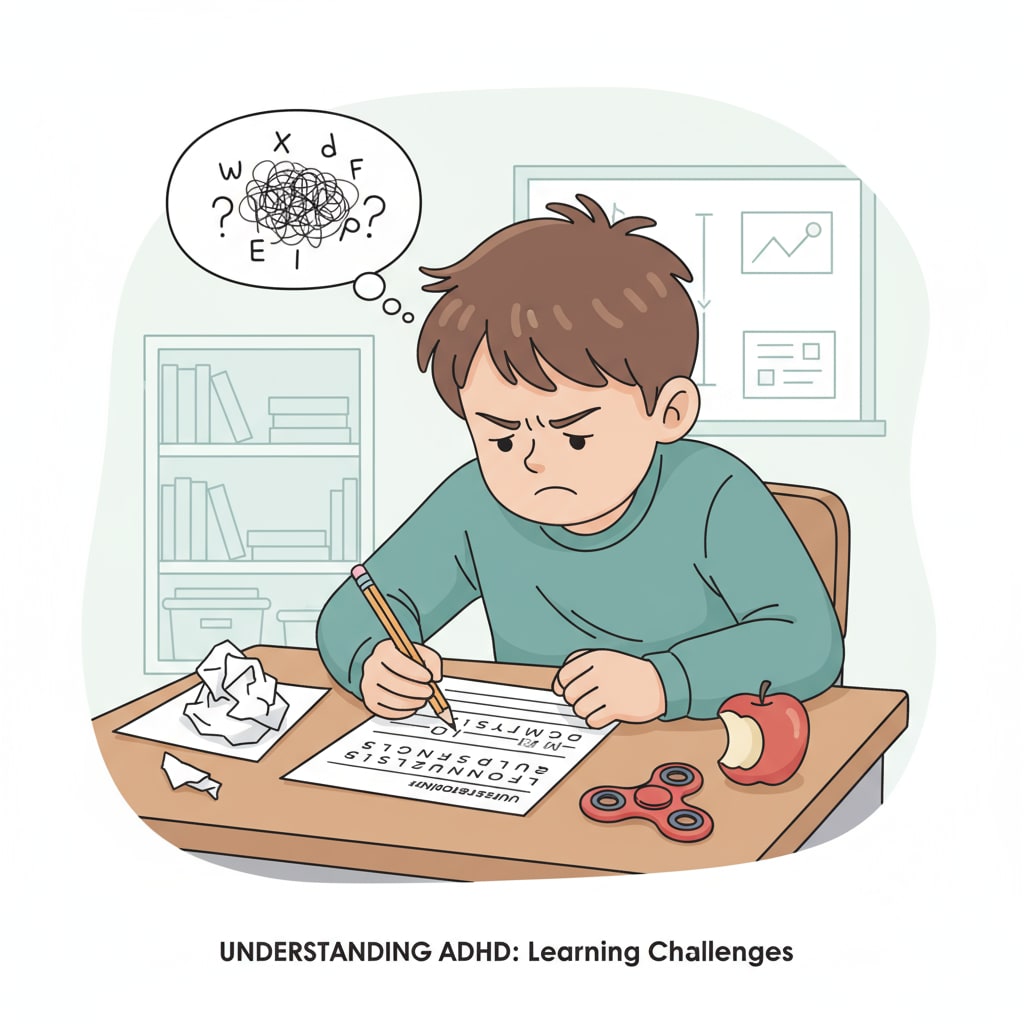 A child with ADHD is sitting at a table, looking frustrated while trying to spell words on a worksheet. A child with ADHD struggling with spelling tasks