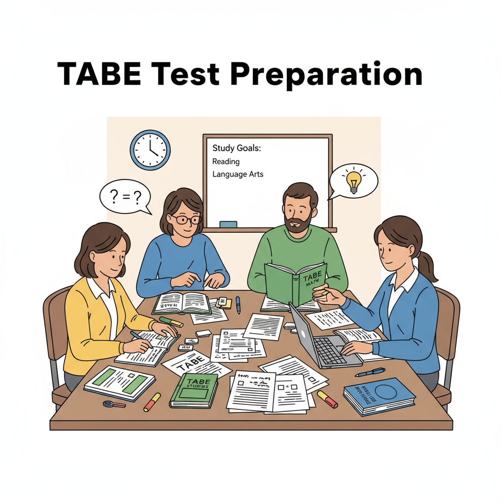 A group of people studying for a TABE test, with books and notes spread out on a table. They are focused and engaged in their studies. People preparing for the TABE test to become firefighters and enter EMT training