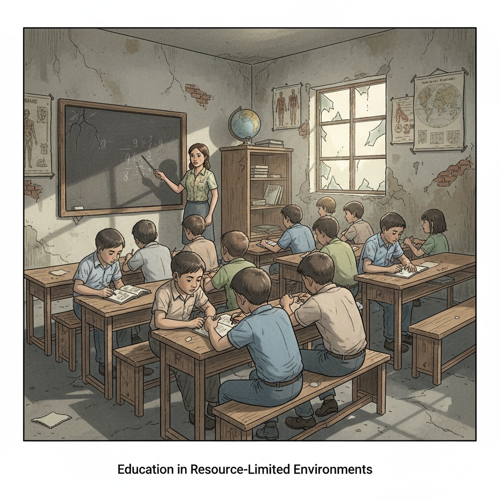 A group of students sitting in a shabby classroom with simple desks and few teaching aids, showing the poor educational conditions in some schools. Students in a disadvantaged classroom representing educational inequality and resource shortage in South African education