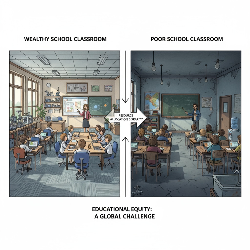 A side-by-side comparison of a modern, well-equipped classroom in a wealthy school and a basic, sparsely furnished classroom in a poor school, highlighting resource allocation disparities. Comparison of classrooms in wealthy and poor schools related to educational inequality and resource allocation in South Africa
