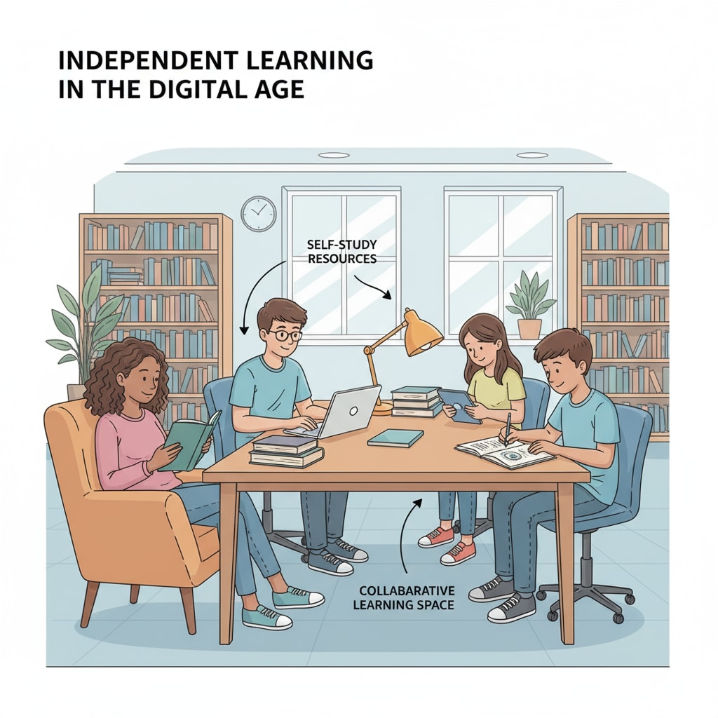 A group of adolescents are studying independently. Some are reading books, while others are using laptops, indicating their use of self-study resources. Adolescents using self-study resources to overcome education deprivation