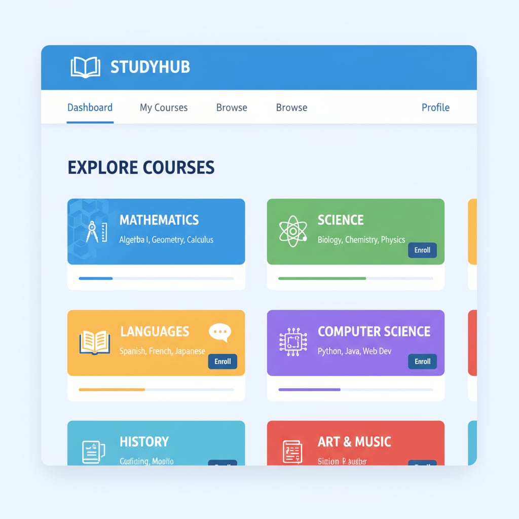 A screenshot of a popular online self-study platform. The screen shows various courses listed, including math, science, and language courses. Online self-study platform offering resources for adolescents with education deprivation