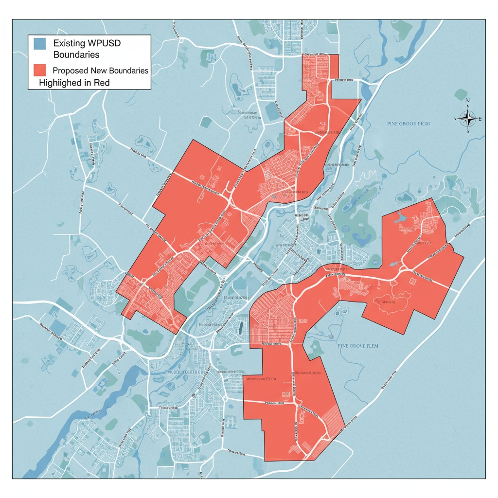 A detailed map shows the existing school boundaries of WPUSD in one color and the proposed new boundaries in another color, highlighting the areas of change. Map of WPUSD current and proposed school boundaries