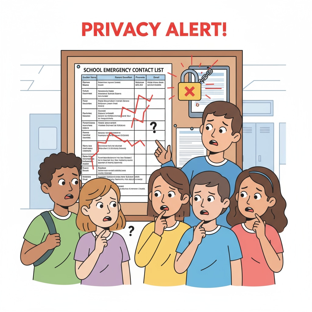 A group of students looking at a school contact list with worried expressions, indicating the concern and unease caused by the potential privacy breach. Students looking worried at school contact list due to family privacy breach in divorced families