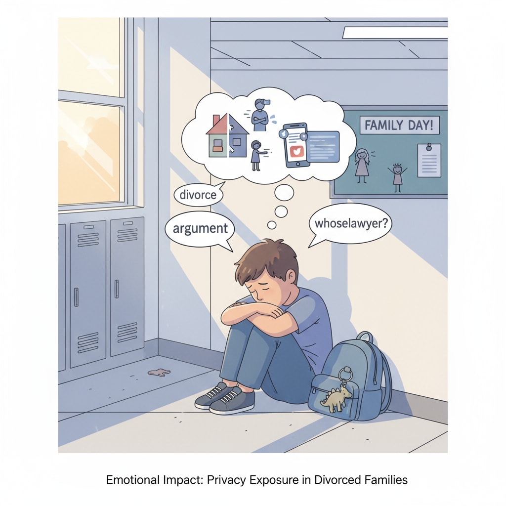 A child sitting alone in a school corner looking sad, depicting the emotional distress a child from a divorced family may feel due to privacy exposure. Sad child from divorced family in school corner because of family privacy embarrassment
