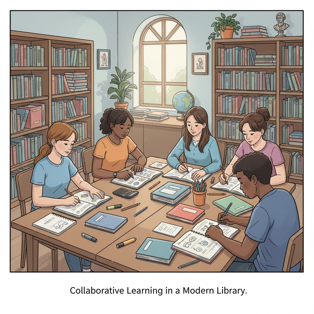 A group of high school students are sitting at tables in a library, with books and notebooks open, focused on their studies. High school students studying in a library for baccalauréat preparation