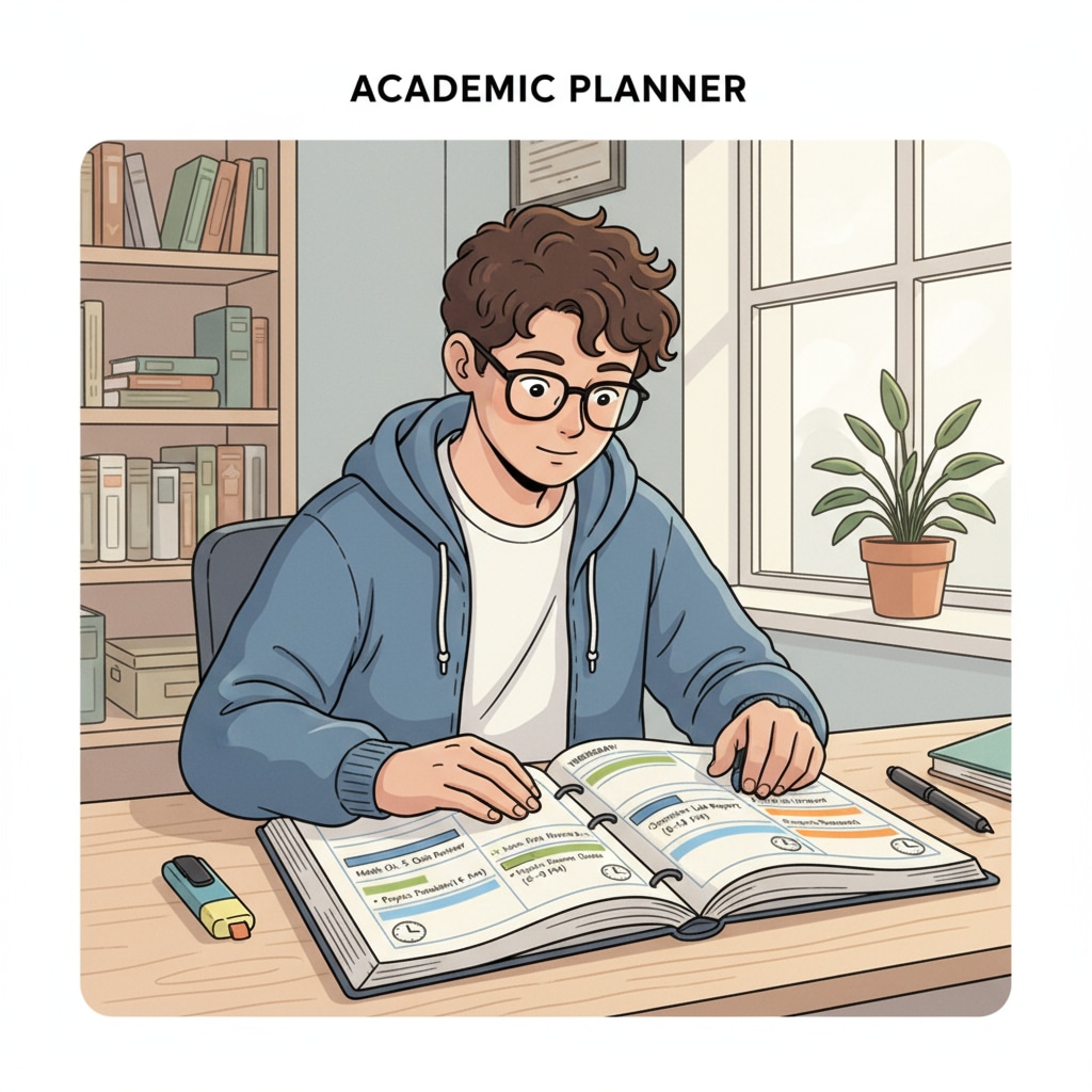 A student is sitting at a desk, looking at a planner with different study tasks and time slots marked. A student using a planner for baccalauréat and current study time management