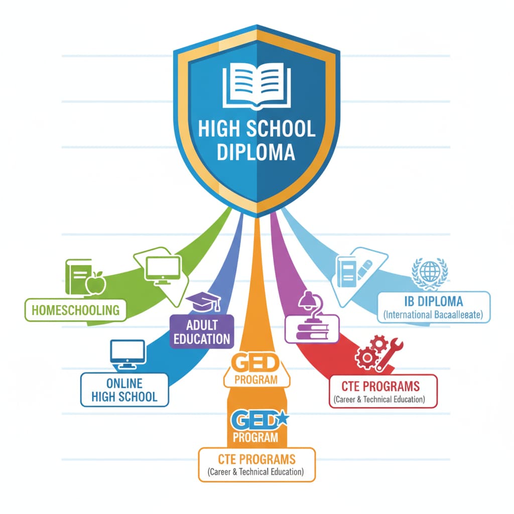 An illustration showing different educational paths such as GED, adult education, online high school, homeschooling, CTE programs, and IB Diploma leading to a high school diploma. Illustration of alternative paths to high school diplomas including GED and other options