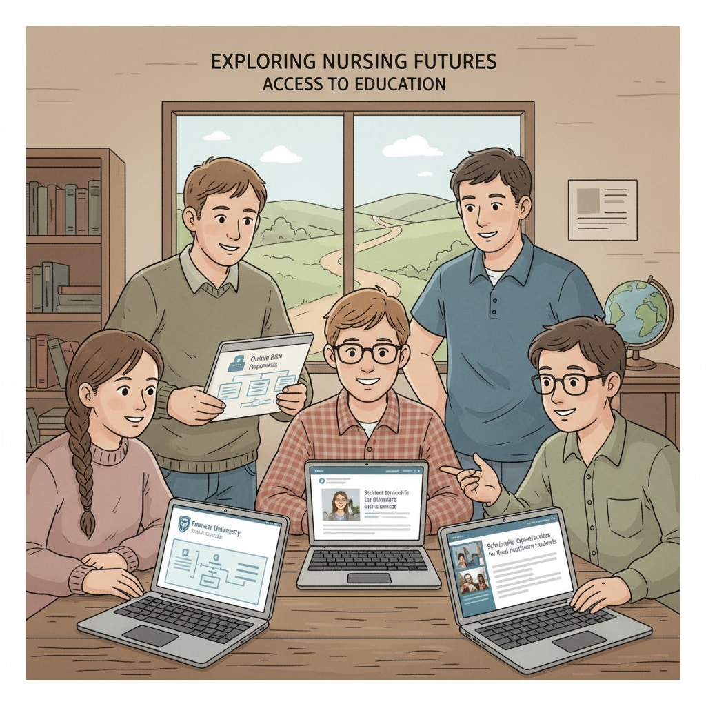 A group of rural students are shown looking at laptops, with expressions of hope and determination as they explore different online nursing college options. Rural students exploring online nursing colleges
