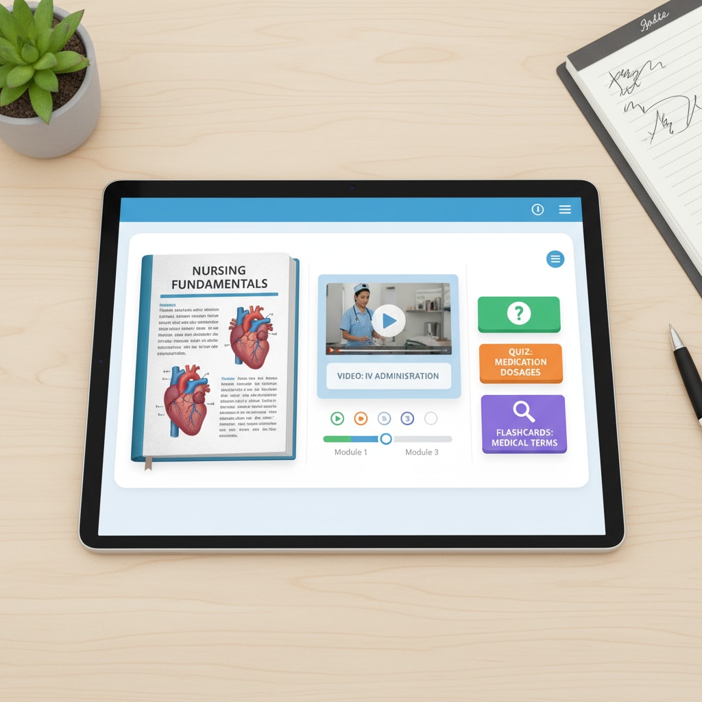 A student is depicted studying on an online platform. There are virtual textbooks open on the screen, along with interactive elements like quizzes and videos related to nursing concepts. Student studying nursing concepts on an online platform