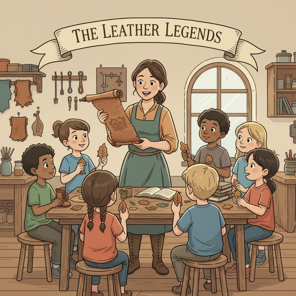 A group of children are sitting around a table, listening attentively as a teacher tells a leather-related fairy tale. Each child is holding a small piece of leather, their eyes bright with curiosity. Children listening to a leather-related fairy tale in a leather education class