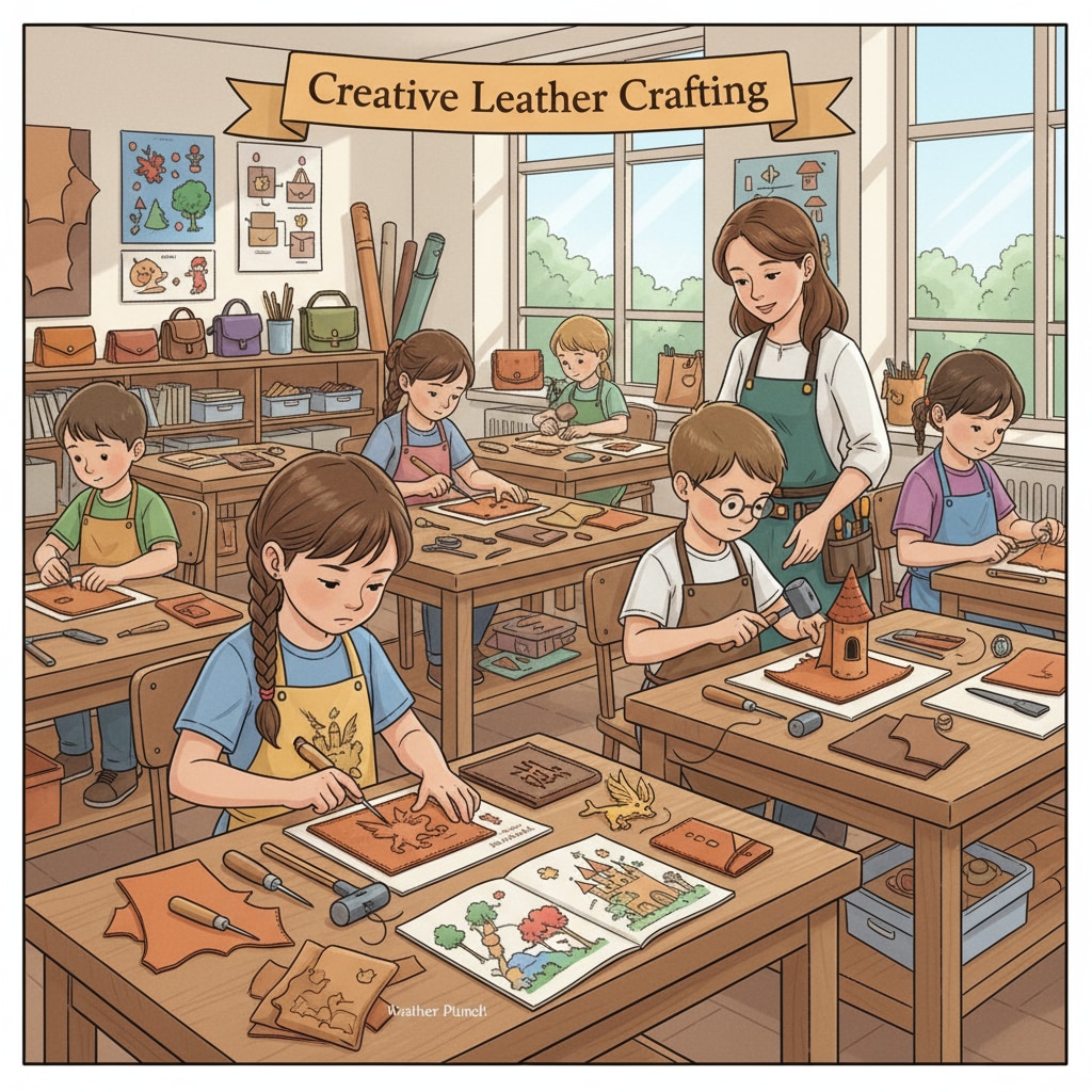 In a classroom, children are busy crafting leather items. Their workbenches are filled with leather pieces, tools, and designs inspired by a fairy tale. They are focused and creative, each trying to bring their unique vision to life. Children crafting leather items inspired by a fairy tale in a leather education setting