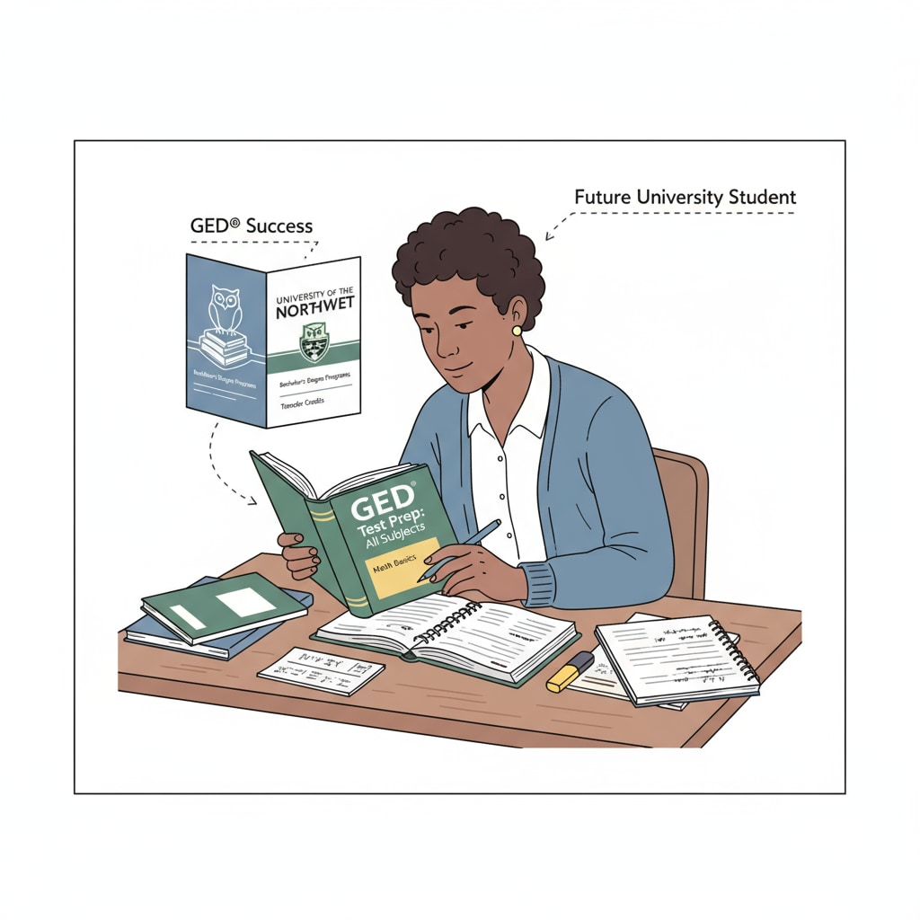A person is examining GED study materials while a brochure for a four-year college lies in the background, symbolizing the aspiration to move from GED to a four-year institution. A person looking at GED study materials with a four-year college brochure in the background