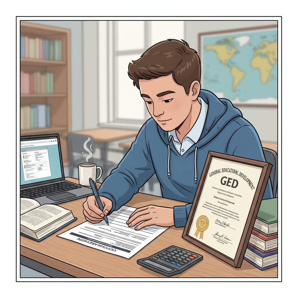 A student is attentively filling out a college application form, with a GED certificate placed nearby, highlighting the application process for GED holders. A student filling out a college application form with GED certificate nearby