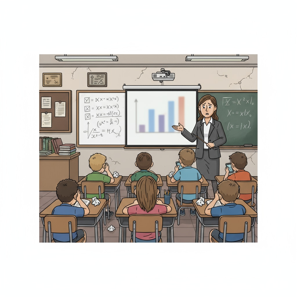 A classroom scene where students seem unengaged and the teacher looks worried, highlighting the challenges in public education. A classroom with unengaged students and a worried teacher representing public education, parent complaints, and teacher dilemmas