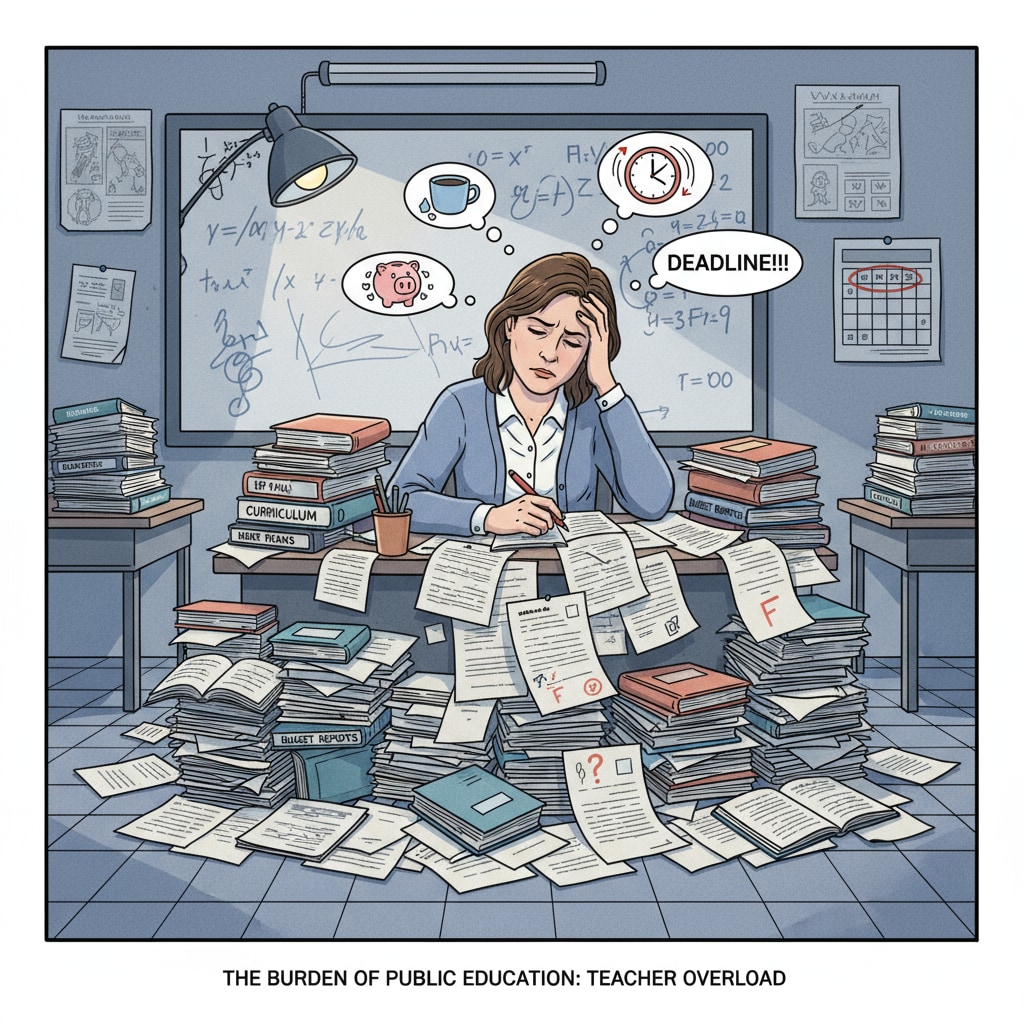 A teacher surrounded by paperwork, looking stressed, symbolizing the difficulties teachers face in the public education system. A stressed teacher surrounded by paperwork related to public education, parent complaints, and teacher dilemmas