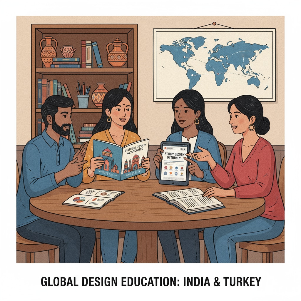 Indian artists are seen discussing and researching design education opportunities in Turkey, looking at brochures and websites. Indian artists exploring design education opportunities in Turkey