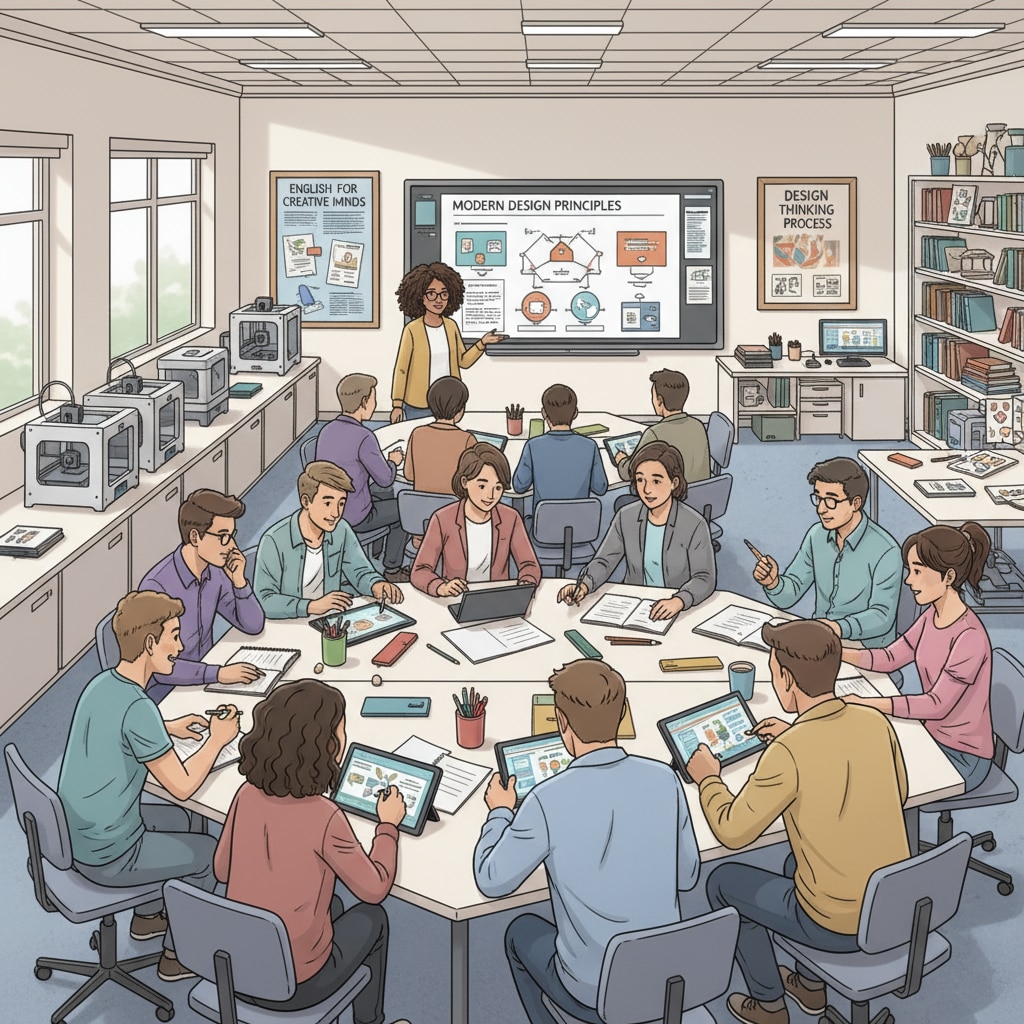A group of students are actively participating in an English-taught design class in Turkey. The classroom is equipped with modern design tools and equipment. Students in an English-taught design class in Turkey