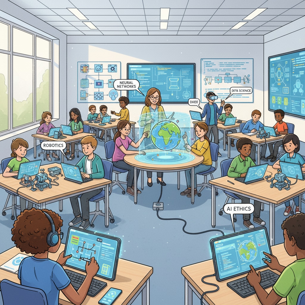 A group of students in a modern classroom, actively discussing and using AI - enabled devices to learn. The classroom is equipped with the latest technology, and students are engaged in hands - on learning activities related to AI. Students in a modern classroom learning about AI courses, which is an important part of future education and involves prompt writing skills.