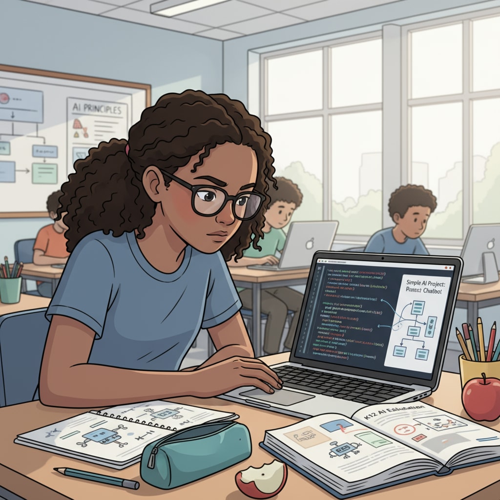 A student using a computer to code a simple AI project in a classroom. The student is focused on writing code to create an AI application, which is a practical aspect of AI education in K12. A student engaged in coding an AI project as part of AI courses in K12 education, related to future education and prompt writing for better AI interaction.