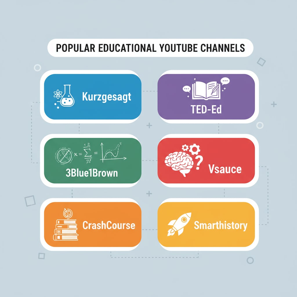 Thumbnail image showing popular educational YouTube channels with icons related to different subjects such as math equations, science beakers, and books for language arts. Thumbnail of YouTube channels for subject teaching and online learning resources