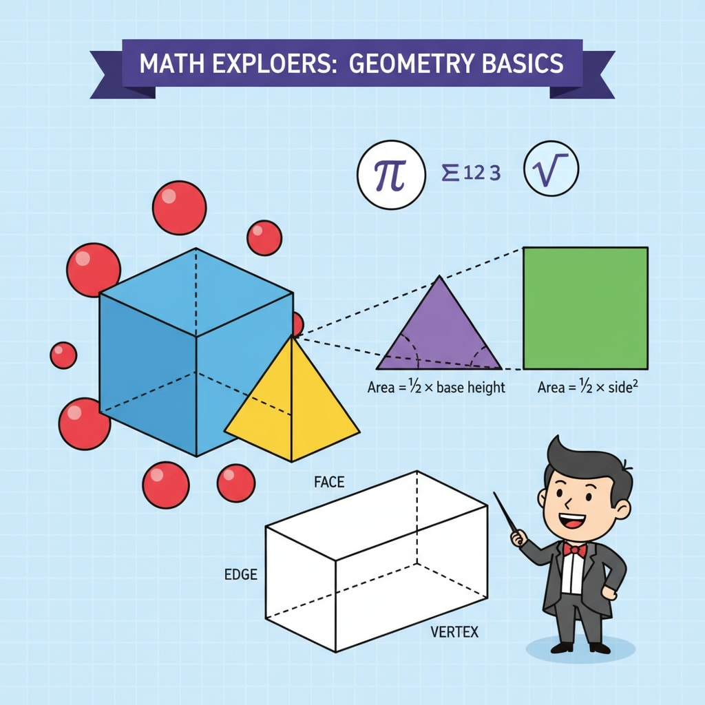 An animated scene where math concepts like geometric shapes are being explained vividly on a YouTube video. Animated math concepts on YouTube for online learning